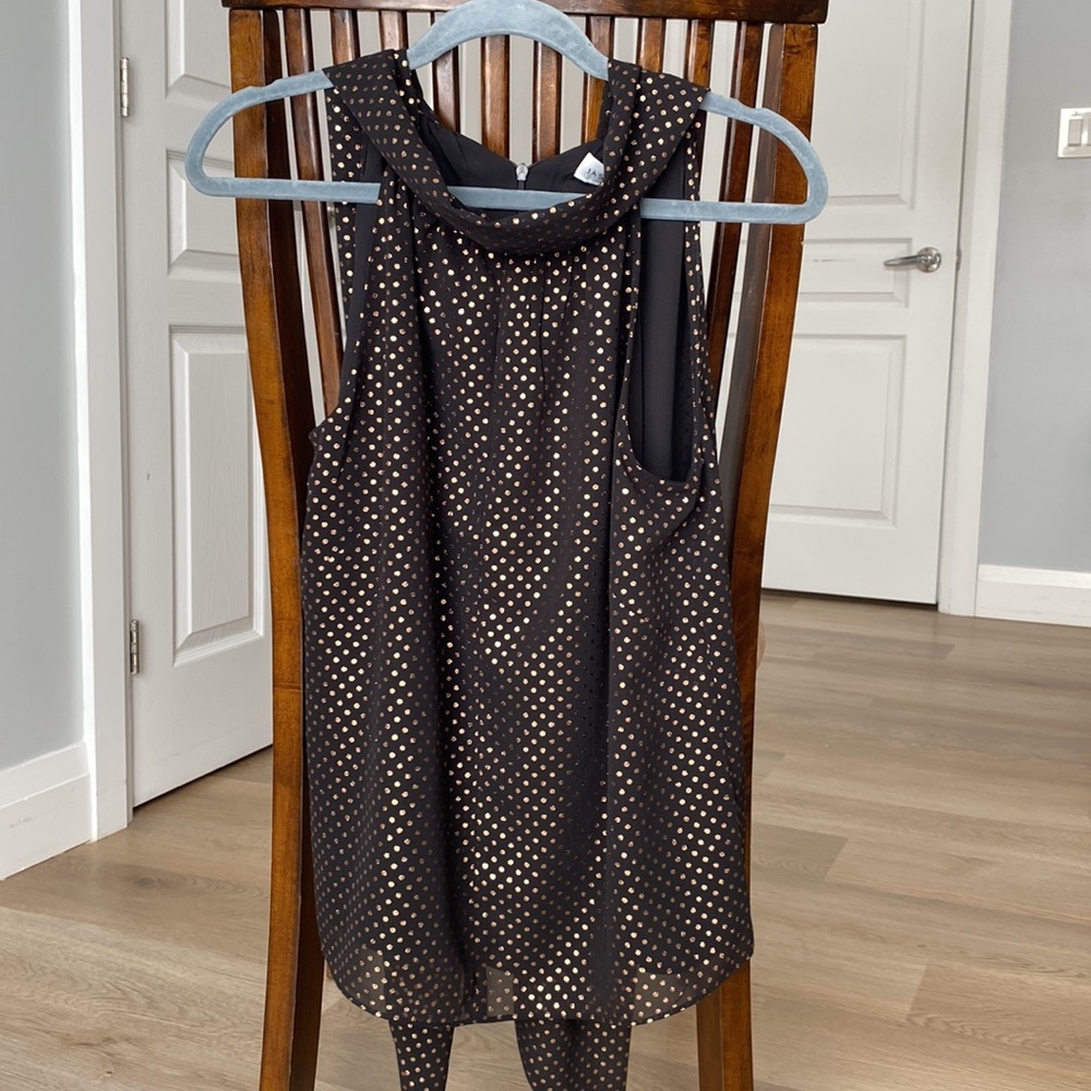 NWT Jason Wu Black & Gold Polka Dot Tie-Back Blouse | Draped Neck Sleeveless Top - Picture 2 of 11